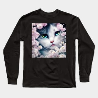 White Kitten surrounded by Pink Flowers | White, grey and blue cat with blue and yellow eyes | Digital art Sticker Long Sleeve T-Shirt